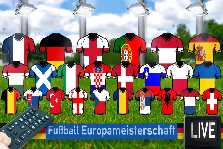 Public Viewing, Fußball Europameisterschaft 2024 Konzept. Trikots auf einem Fußballplatz mit Länderflaggen aller teilnehmenden Nationen. Hand mit Fernbedienung und Fernseher mit Aufschrift: Live! FOTOMONTAGE