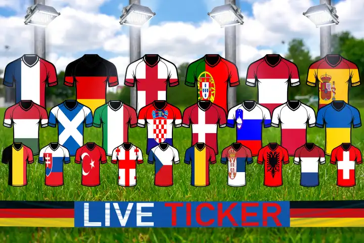 Fußball Trikots auf einem Sportplatz mit Scheinwerfern und allen Länderflaggen der teilnehmenden Nationen der Fußball Europameisterschaft 2024, mit dem Schriftzug: Live Ticker. FOTOMONTAGE 