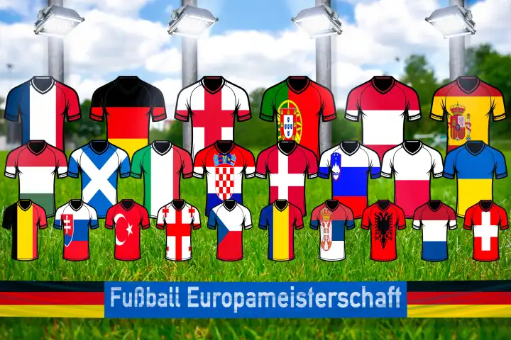 7 June 2024: Football shirts on a sports field with spotlights and all the national flags of the participating nations with the lettering: European Football Championship. PHOTOMONTAGE