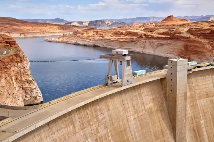 Lake Powell, Arizona, United States of America - June 7, 2024: Glen Canyon Dam, dam on the Lake Powell River, hydroelectric power plant near the town of Page in the US state of Arizona in the USA