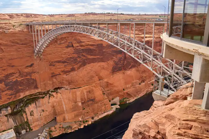 Lake Powell, Arizona, United States of America - June 7, 2024: Glen Canyon Dam, dam on the Lake Powell River, hydroelectric power plant near the town of Page in the US state of Arizona in the USA
