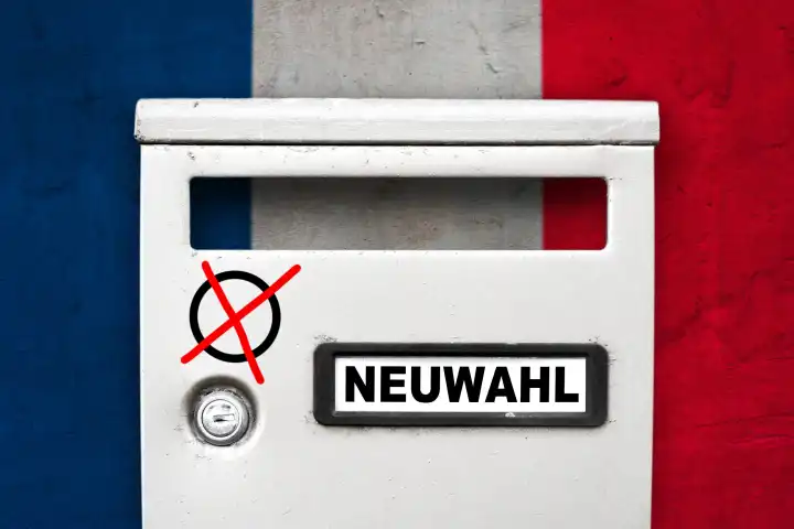 Symbolbild Neuwahlen in Frankreich. Briefkasten mit Aufschrift: Neuwahl, vor einer Wand mit französischer Flagge. FOTOMONTAGE