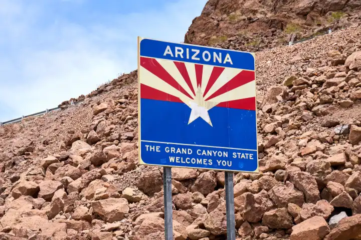  Arizona, United States of America - June 3, 2024: Welcome sign of Arizona, the Grand Canyon State - a symbol of adventure and travel in the American Southwest
