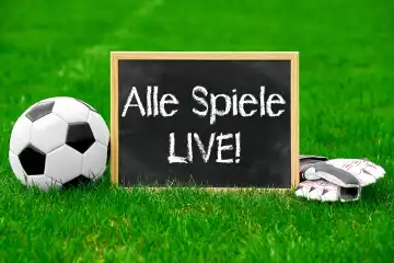 Alle Spiele Live! Schild auf Fußballfeld mit Ball. Public Viewing, Symbolbild. FOTOMONTAGE 