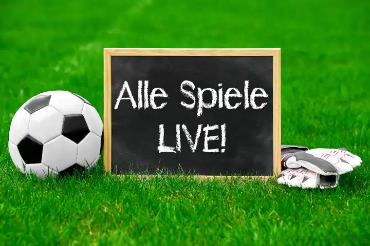 Alle Spiele Live! Schild auf Fußballfeld mit Ball. Public Viewing, Symbolbild. FOTOMONTAGE 