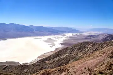 Blick auf das Death Valley in den USA, eine beeindruckende Wüstenlandschaft mit Bergketten und einem ausgedehnten Salzsee, bekannt für seine extreme Trockenheit und Hitze