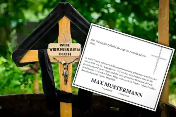 Germany - June 22, 2024: Wooden grave cross with crucifix, decorated with black mourning pile. On the cross is the inscription WIR VERMISSEN DICH. Next to it is an obituary, which takes place in the closest family circle. A green, peaceful cemetery environment that conveys an atmosphere of farewell and remembrance. PHOTOMONTAGE