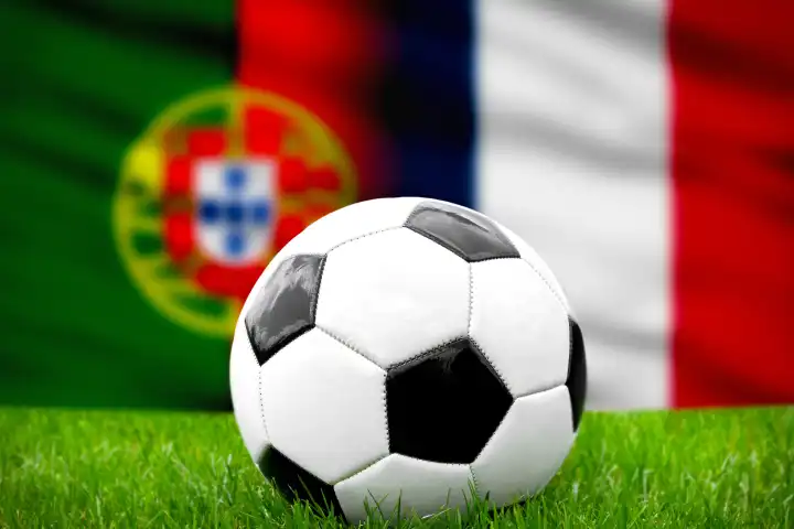 Fußball Europameisterschaft Länderspiel im Viertelfinale Portugal Frankreich. Ein Fußball auf dem Spielfeld vor der portugisischer und französischer Flagge. FOTOMONTAGE