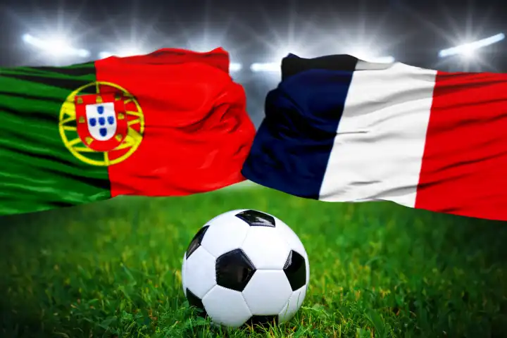 Fußball Europameisterschaft Länderspiel im Viertelfinale Portugal Frankreich. Ein Fußball auf dem Spielfeld vor der portugisischer und französischer Flagge. FOTOMONTAGE