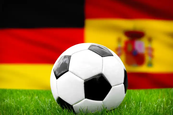 Fußball Europameisterschaft Länderspiel im Viertelfinale Deutschland Spanien. Ein Fußball auf dem Spielfeld vor der deutschen und spanischen Flagge. FOTOMONTAGE