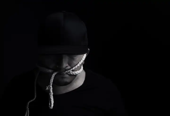 Man with Cap Bite a Rope in Front of Black Background
