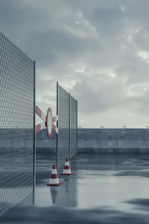 3D Rendering of Restricted area with Wet asphalt and Fence