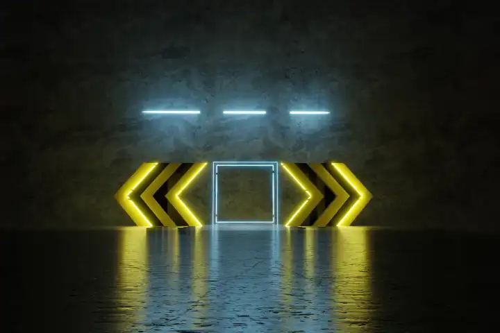 3D Rendering of Blue Neon Square Surrounded by Yellow Warning Hazard Shape on Grunge Floor