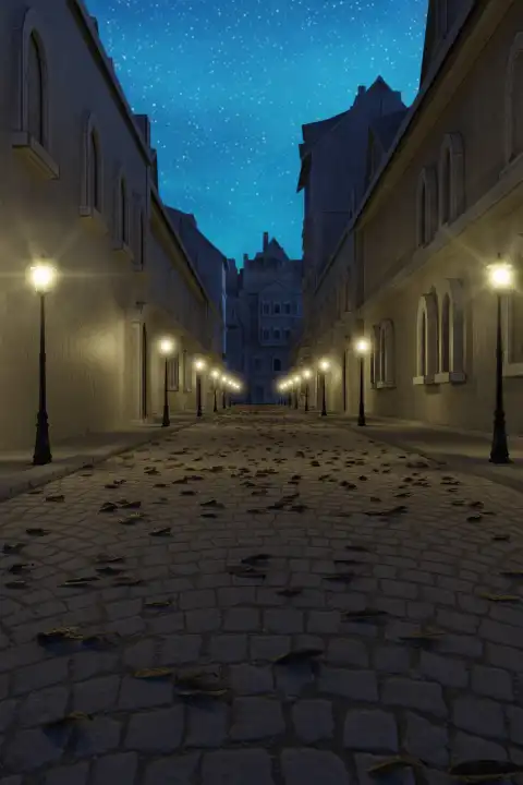 3D Rendering of Old town with Lantern Row and Cobblestone Street at Night