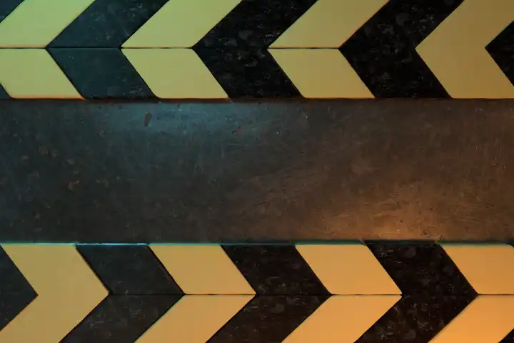 3D Rendering of Warning Hazard Grunge Pattern in Yellow and Black Color on Rusty Metal Plate