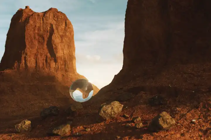3D Rendering of Crystal Ball on Desert Mountain Landscape