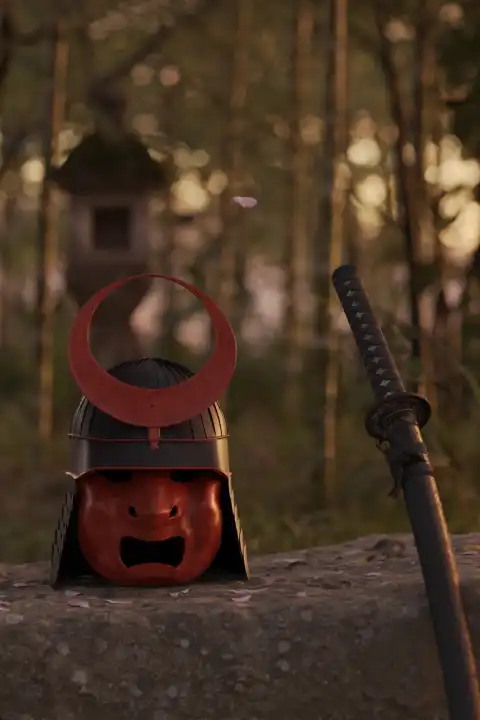 Antiker Samurai-Helm neben einem Katana-Schwert
