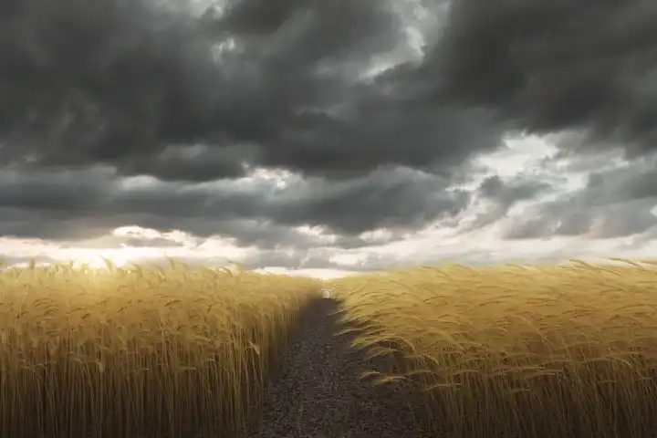 Weg in der Mitte eines reifen Weizenfeldes vor einem dramatischen Himmel. 3D-Rendering