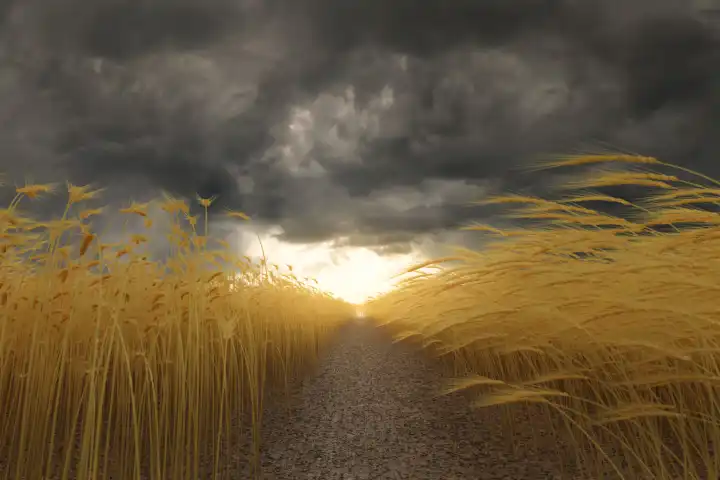 Weg inmitten eines reifen Weizenfeldes vor einem dramatischen Himmel. Selektiver Fokus
