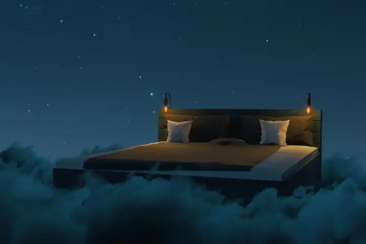 Gemütliches Bett über flauschige Wolken in der Nacht