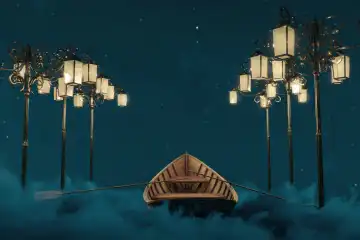Verlassenes Holzboot über flauschige Wolken bei Nacht. Beleuchtet von klassischen Straßenlaternen