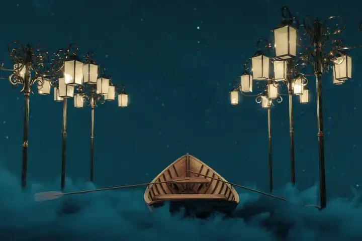 Abandoned wooden boat above fluffy clouds at night. Illuminated by classic street lamps