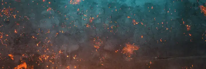 concrete abstract blue background with flying fire particles