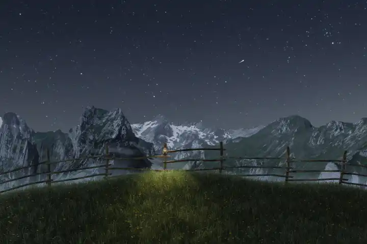 3d rendering of mountain range in front of meadow hill at night