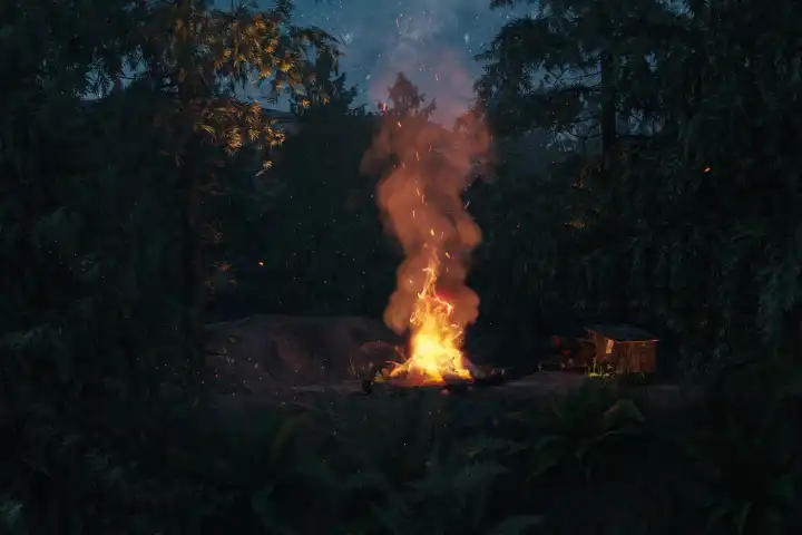 3d-Rendering einer Waldnachtszene mit großem Lagerfeuer