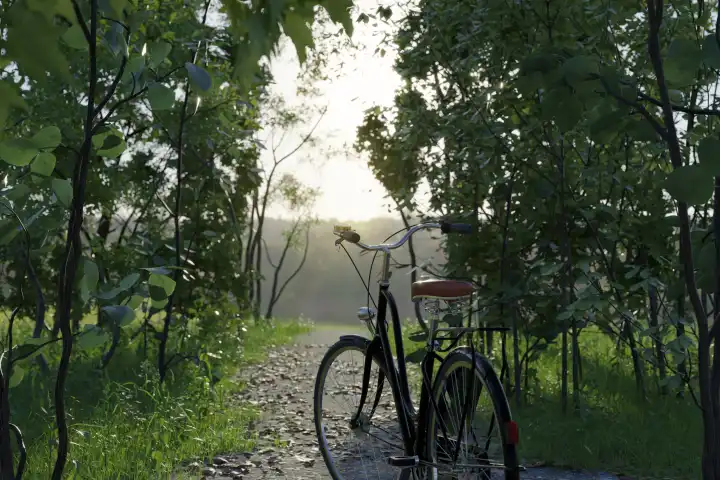 3d rendering of standing bicycle in front of forest path