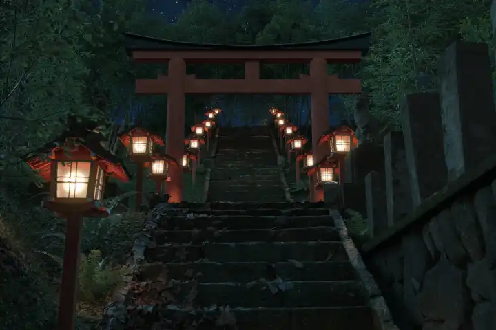 Alter japanischer Schrein mit rotem Torii-Tor und beleuchteten Holzlaternen
