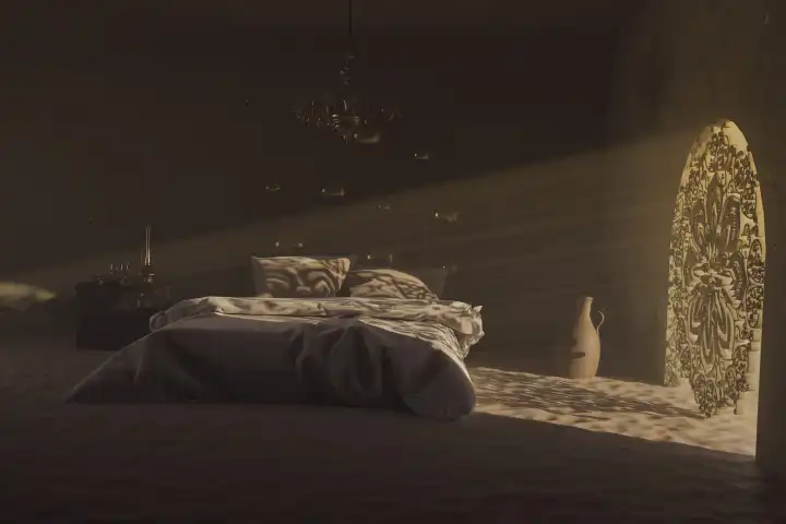Orientalisches Schlafzimmer mit einem gemütlichen niedrigen Bett, das von Lichtstrahlen beleuchtet wird