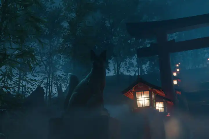 Inari fox statue in front of a Japanese shrine with a large torii gate at night