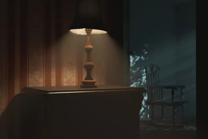 A classic lamp in front of a rocking chair illuminated by moonlight