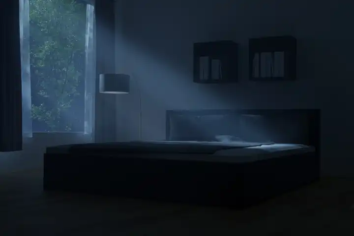 Schlafzimmer mit gemütlichem Boxspringbett, das nachts von Lichtstrahlen beleuchtet wird