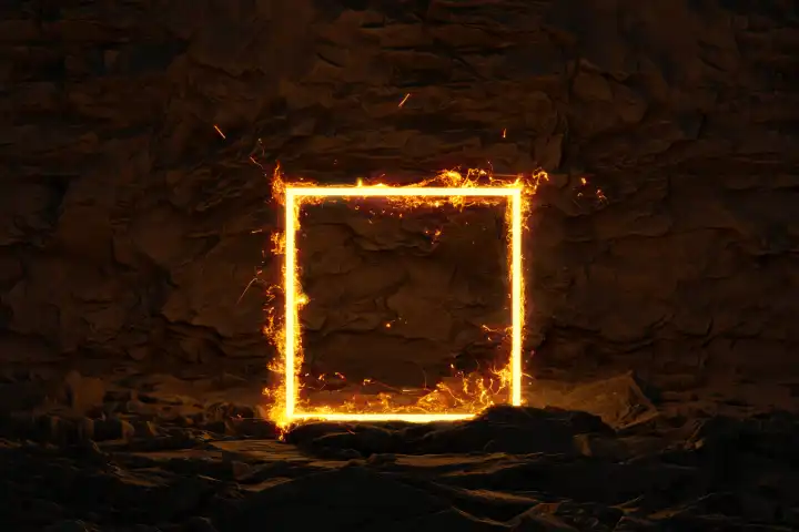 Burning square frame over a rocky environment. 3D rendering
