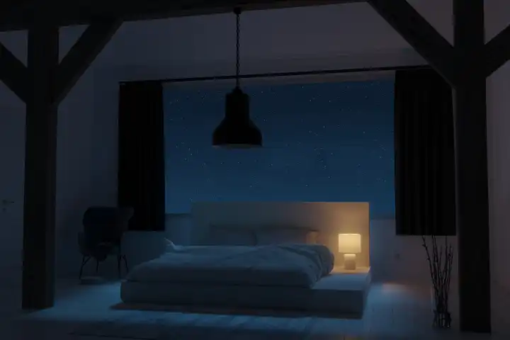 Schlafzimmer im Dachgeschoss mit einem gemütlichen niedrigen Bett bei Nacht