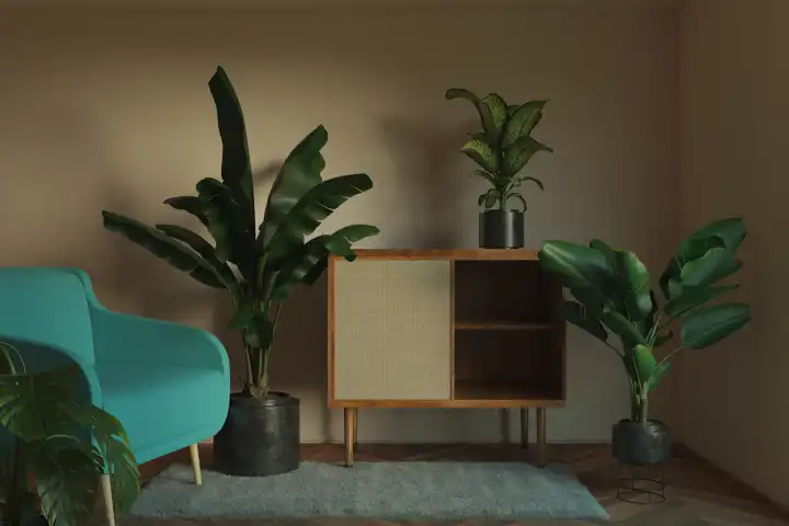 3D-Rendering eines Retro-Wohnzimmers mit exotischen Grünpflanzen