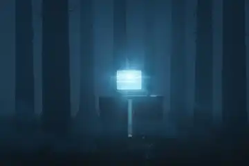Dunkler nebliger Wald wird von einem alten Fernsehers mit hellem, statischem Bildschirm erhellt