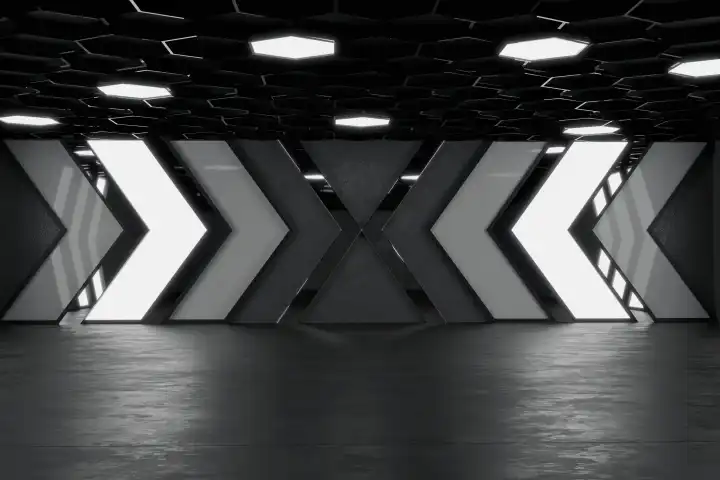 Abstract hall with neon directional elements and ceiling with hexagonal shapes