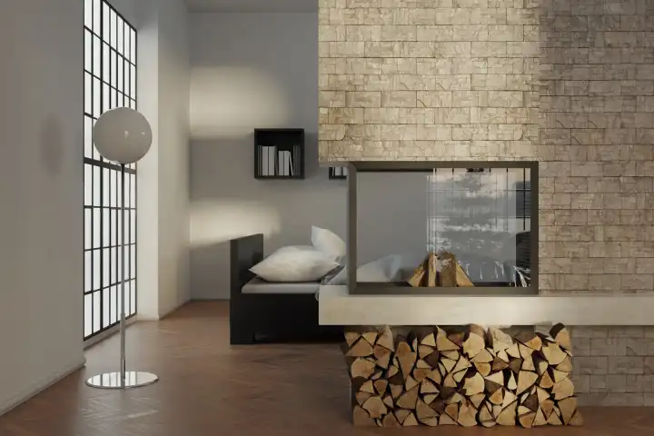 Modern apartment in evening light with fireplace and bedroom