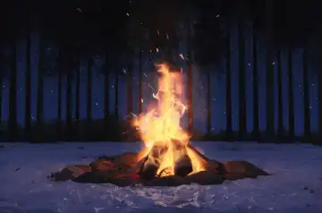 Large campfire with sparks all around from the snow-covered field and fir trees