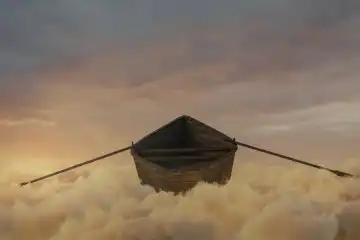 Verlassenes Holzboot über flauschige gelben Wolken