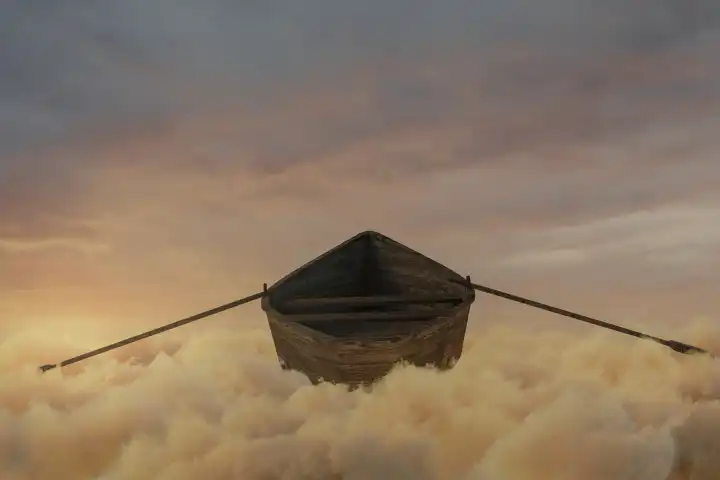 Abandoned wooden boat above fluffy yellow clouds