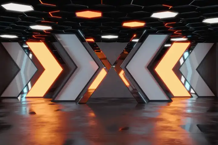 3D-Rendering einer epischen Halle mit Neon-Richtungselementen und sechseckiger Decke