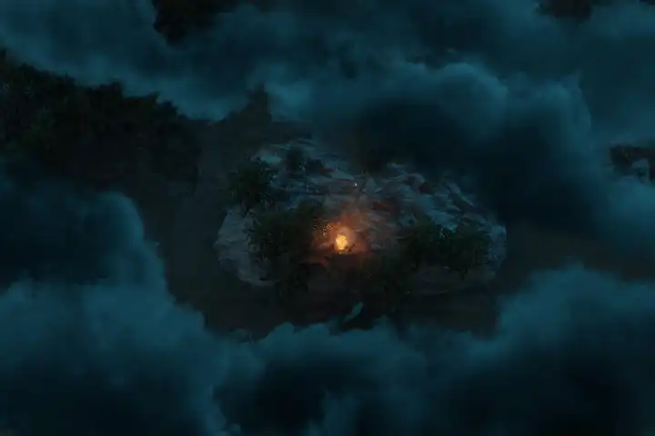 Aerial view of rocky island with campfire and clouds