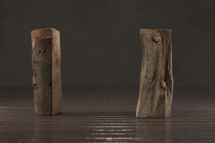 Zwei stehende Brennholzstücke aufgestellt auf Holzparkett