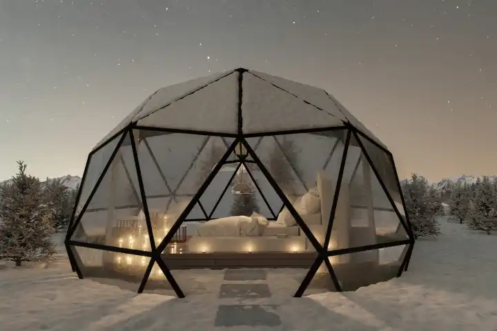 Geodätische Kuppelhütte mit Glaspaneelen in einer Winternacht