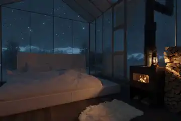 Gemütliche Hütte mit Bett und Glasscheiben vor einem nächtlichen Sternenhimmel