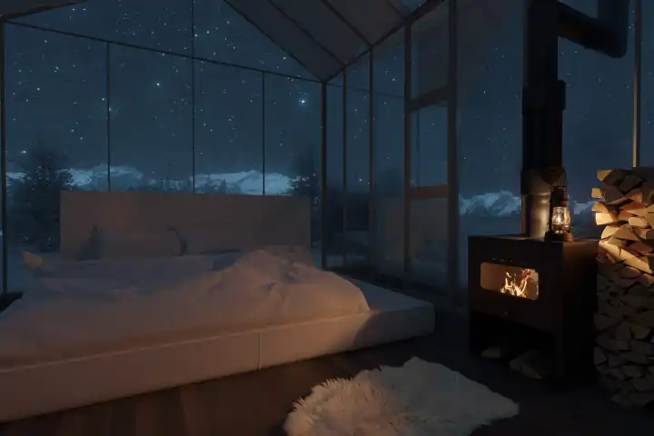 Gemütliche Hütte mit Bett und Glasscheiben vor einem nächtlichen Sternenhimmel